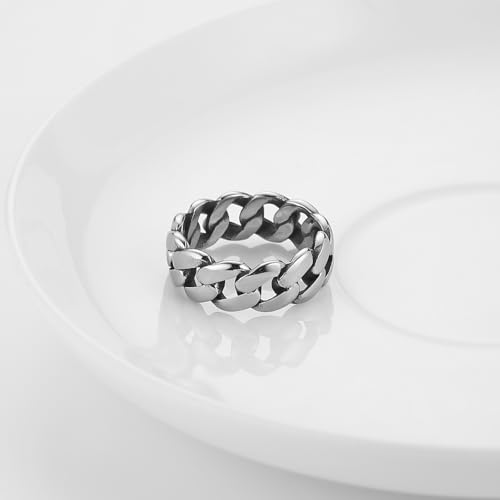 Image of HZMAN Mens Stainless Steel 7mm Wide Band Cuban Link Chain Ring, Silver Gold Black