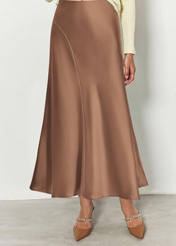 Image of KIRUNDO Women's Satin Maxi Skirt 2026 Summer Fall Trendy High Waisted Wedding Cocktail Party Work Silk A-Line Formal Skirts