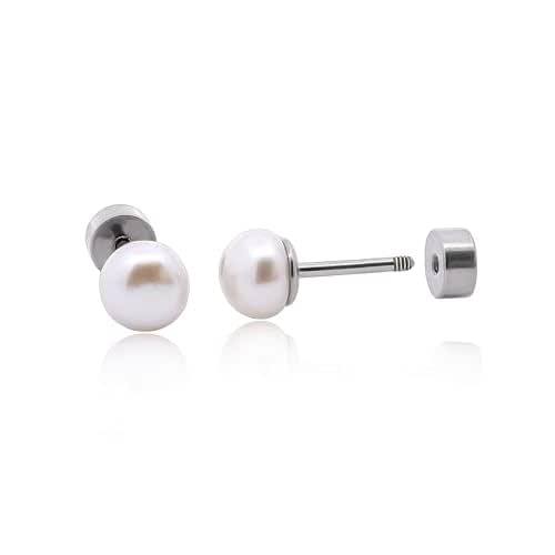 limerencia Hypoallergenic F136 Titanium Screw In Pearl Flat Back Sleeper Earrings Implant Grade 20G Tiny Studs For Sensitive Ears(5mm pearl) - View 2