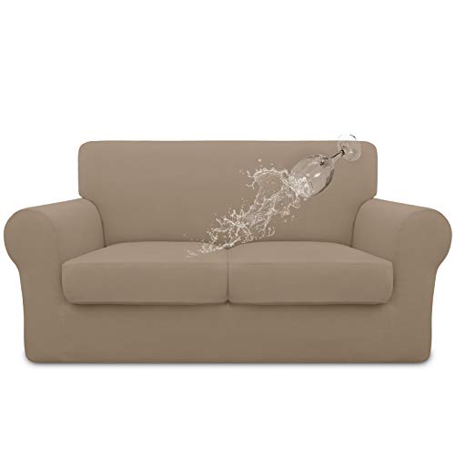 Image of Easy-Going Waterproof 3-Piece Loveseat Cover Couch Covers for Sofa | Stretch Spandex Sofa Cover Protector Bottom for 2 Cushion Couch Dog Pet Friendly Living Room Camel