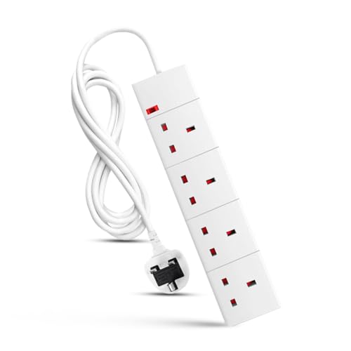4 Way Extension Lead 3M Surge Protected UK Plug Power Extension Cable with 4 Gang Sockets, Surge Protection & Safety Shutters, Durable Plug Extension Cord for Home,Office