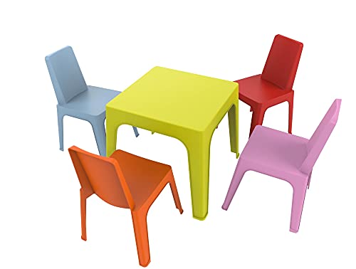 Resol Set Julieta Mesa Infantil y Sillas Mesa y Silla para Niños Muebles Infantiles Mesa Exterior Mesa Exterior jardín - 1 Mesa Lima + 4 Sillas Roja/Rosa/Azul/Naranja