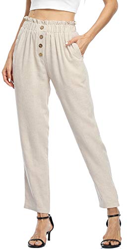 Wudodo Pantalones Casuales de Cintura Alta Mujer Largo Recortado con Lazo Decorado con Bolsillo,Caqui,L Cover