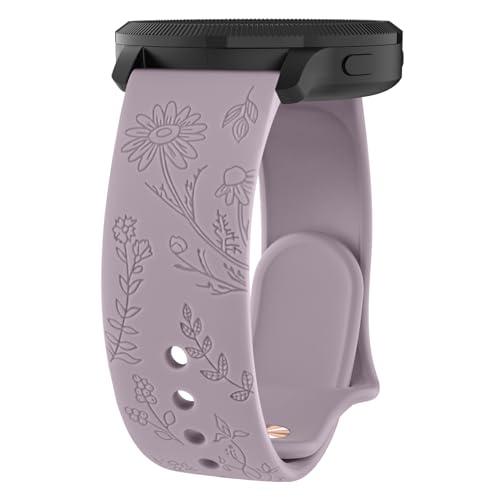 Wanme Bracelet Gravé Fleurs pour Garmin Venu/Vivoactive 3/5 Femme - Compatible avec Venu Sq/Sq 2/2 Plus - Bracelet de Remplacement 20mm (Taro Violet)