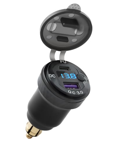Chargeur Prise Allume Cigare USB C Rapide with LED Voltmeter, Waterproof Chargeur de Telephone Voiture Dual QC 3.0 USB Din Socket Adaptateur pour Motos 12V/24V BMW...
