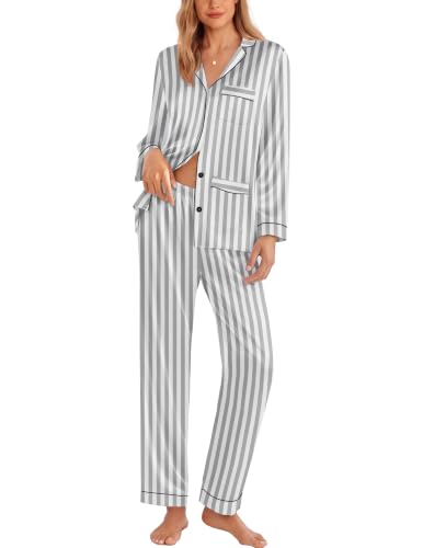 Image of Ekouaer Pajamas for Women Silk Satin Button Down Long Sleeve Pajama Sets
