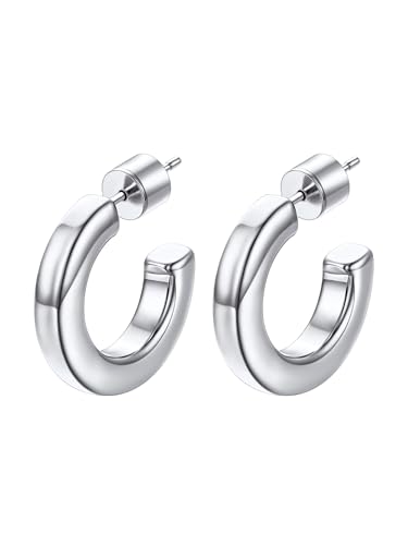 Image of Stainless Steel Chunky Hoop Earrings For Women, Minimalist and Chic, Black /Gold Plated, Round Hoops Earrings Hypoallergenic, Size: 30mm /40mm /60mm /80mm, Come with Box