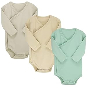BINIDUCKLING Baby-Body mit langen Ärmeln, seitlicher Druckknopf, 100% Baumwolle, Baby-Einteiler für Jungen und Mädchen, 12 Monate, 3 Stück, Grün, Beige, Grau, 74