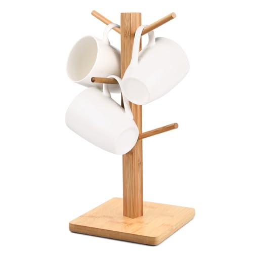 Wooden Mug Tree Stand Set of 6 Cups Mug Holder Mug Rack Wood Cup Holder Storage Organizer Display Stand Kitchen Storage Rack with Anti-Slip Weighted Base for Coffee Tea Mugs Cups… (Square)