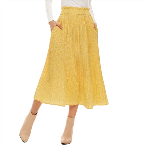 Durio Midirock Rock Damen Chiffon Elegante Plisseerock mit Taschen Elastisch Faltenrock A-Linie Rock Gelb L