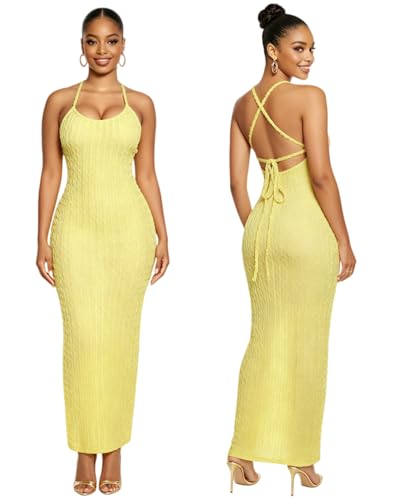 Image of RARITYUS Women's Lace Up Bodycon Maxi Dress Sexy Low Cut Backless Sleeveless Textured Long Party Club Dresses