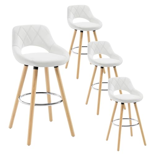 WOLTU Tabouret Bar, Lot de 4, Chaise Haute Bar, Tabouret Haut avec Dossier et Repose-Pieds, Cadre en Bois, Siège en Similicuir, Blanc, BH111ws-4