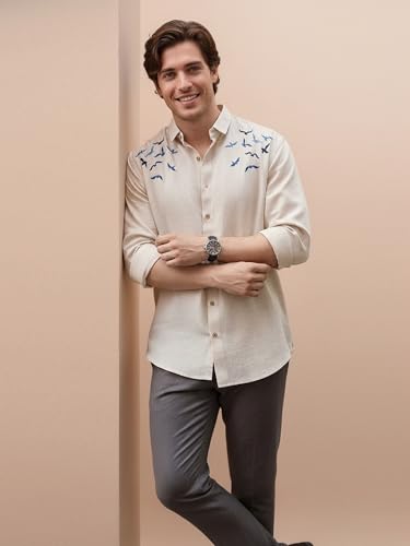 Image of ROOM19 Men Cotton Blend Embroidered Shirt | Short Sleeve Button Front Shirt for Men | Regular Fit Collared Shirts with Embroidery