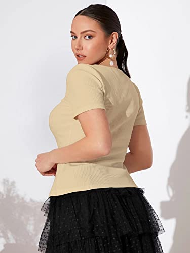 Image of Shasmi Women Polycotton Regular Fit Solid Knitted Square Neck T-Shirts Short Puff Sleeve Tops (TOP 52)