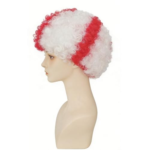 Image of FREE BEAUTY England Flag Colored Afro Wig for Men Women 2026 World Cup Fan Wig Soccer Fans Cheer Hair White Red Afro Wigs for Football Fans for Stadium Party Cosplay (England)