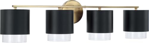 Capital Lighting 153041RK-549 Weller Modern Clear Seeded Glass/Black Metal Dual Shade Cylindrical Bathroom Vanity, 4-Light 400 Total Watts, 8" H x 34" W, Matte Brass