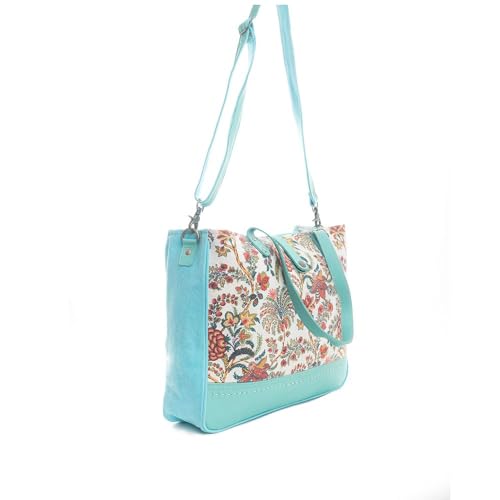 Myra Bag Western Leather Weekender Bag for Women - Upcycled Canvas Shoulder Handbag Turquoise3