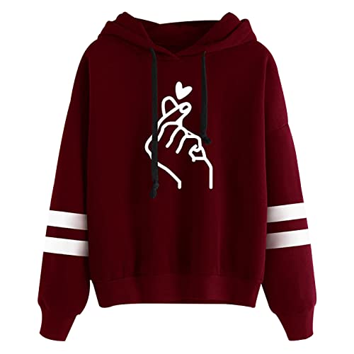 SERAPHY Kpop Sweat à Capuche, Coeur de Doigt Je t'aime Sweat-Shirts à Lâche Capuche Imprime Pullover Manche Longue Loisir Hip Hop Pull Sweats Tops-Rouge Vineux-XL Cover