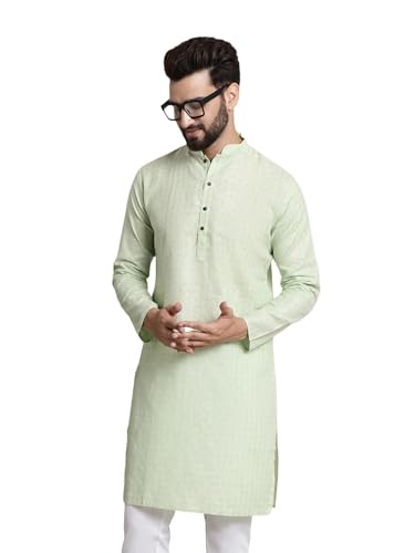 Image of SOJANYA Pastel Green Cotton Blend Kurta with Contrast Button Detailing