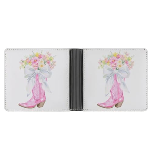 Pink Cowgirl Boot Flowers White Bow Soft PU Leather Bifold Wallet, Coin Purse Credit Pass Case, Durable Card-Holder Slim Billfold for Men Woman Money Storage3
