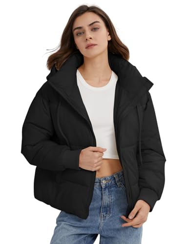 Gihuo Women's Crop Hooded Puffer Jacket Zip Up Winter Quilted Warm Short Jacket Outerwear