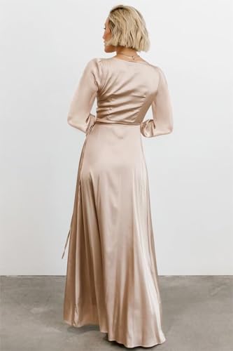 Long Sleeve Satin Bridesmaid Dresses for Women 2024 Wrap V Neck Wedding Guest Formal Evening Gown with Slit2