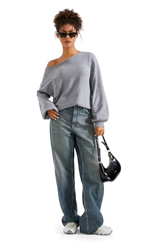SUUKSESS Women Off The Shoulder Fall Sweaters Long Sleeve Boat Neck Oversized Pullover Sweater Tops