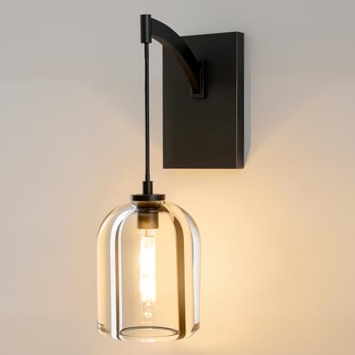 Crystal Brass Hemisphere Wall Sconce - Set of 2 Black Brushed Dimmable Sconces with Bulbs - Modern Hanging Light Decor - Luxury Indoor Lighting Fixture for Bedroom Living Room Bathroom Vanit