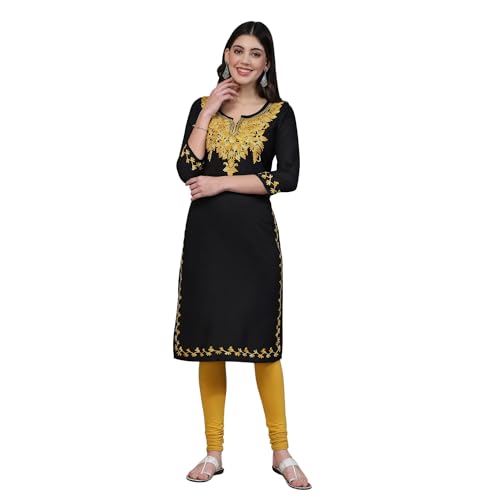 Image of QAZMI Women's Floral Aari Embroidered Viscose Rayon 3 /4 Sleeves Straight Kurta