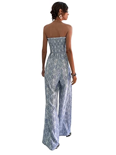 Sweatyrocks Women's Printed Sleeveless Tube Top Shirred Long Pants Jumpsuit Romper Blue White M #TOP1