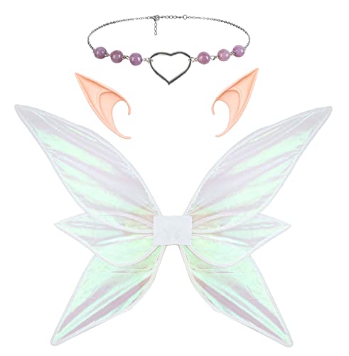 Funsveta Women Girls Berry Rattans Crown Butterfly Wings With Elf Ears Dress Up Halloween Cosplay Photo Prop Accessories (Sliver Pink Transparent) #TOP25
