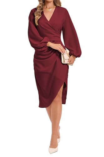 Image of Women's Wrap V Neck Asymmetrical Hem Midi Ruched Cocktail Evening Dress | Back Zipper, Regular Fit, Club Night, Semi Office Formal, Wedding Dinner Date, Flutter Short Sleeve, High Low Irregular Hem