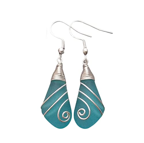 Yinahawaii Handmade Hawaiian Sea Glass Earrings, Wire Wrapped Earrings, Sea Glass Jewelry For Women Beach Jewelry For Women, Unique Birthday Gift For Women (Turquoise Bay Blue - December)