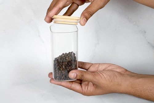 Image of Square Borosilicate Glass Jars with Silcone Seal Airtight Bamboo Lids 330 ml Tea Clear Kitchen Storage Jar with Bamboo Kitchen Canister Set Of 12(12, SQUARE BAMBOO LID GLASS JAR 330 ml -)