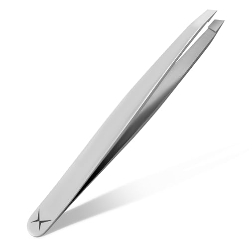 Professional Slant Tip Tweezers for Eyebrows – Premium Stainless Steel, Ultra-Precise Hand-Aligned Tips, Facial Hair & Ingrown Hair Removal (Elite Chrome)