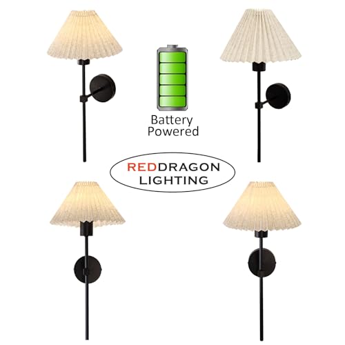 Image of Battery Cordless Fabric Wall Sconces Set of 2 with Remote, Vintage Rechargeable Mushroom Wall Sconces with Fabric Lampshade Picture Wall Light Fixture for Bathroom, Bedroom (2 Pack, Black)