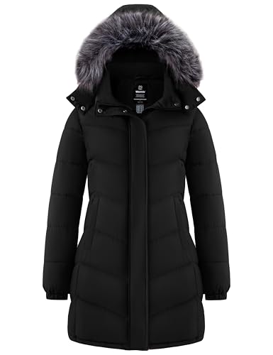 wantdo Women's Mid-Length Hooded Puffer Jacket Warm Outdoor Winter Padded