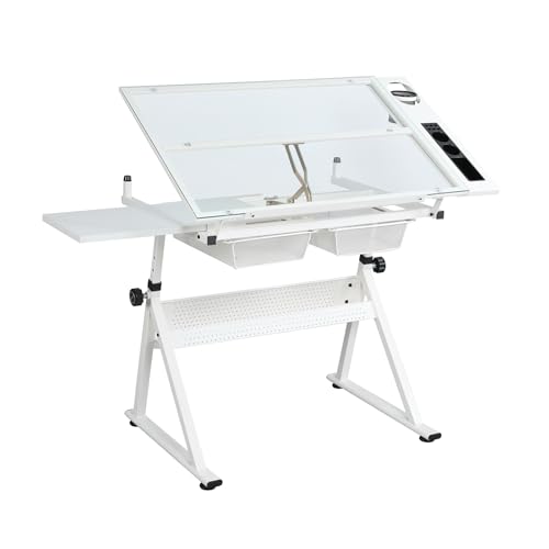 Gaderth Drafting Table w/Stool, Height Adjustable Drawing Table, Multifunctional Art Craft Paintings Work Station w/2 Storage Drawers Artists Desk Tilting Glass Tabletop for Home Office, White