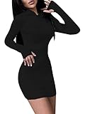  Tomwell Femmes Robes en Tricot Courtes Couleur Unie Moulante Stretch Mini Robe À Capuche Casual Élégante Manches Longues Robe Crayon Dress Noir L