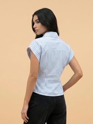 Image of Women Striped Wrap Style Cotton Shirt Drop Shoulder Casual Wear