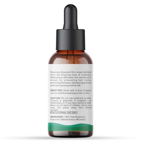 Aravi Organic Pure and Natural Rosemary Essential Oil for Hair Growth, Hair Fall Control, Nourishment, Strengthening, and Skin Care - Rosemary Oil for Women and Men - 1 FL Oz / 30ml