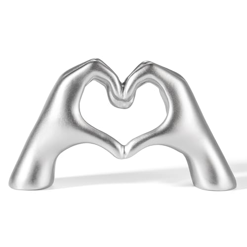 Gold Decor Living Room Mini Small Heart Hands Sculpture Shelf Decor Aesthetic Cute Home Accent Table & Shelves Love Statue - Gifts Girlfriend Wife Women Teen Girls Valentine (Silver Mini)