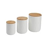 Bloomingville Farmhouse Stoneware Canisters with Honeycomb Design and Bamboo Lids, White and Natural, Set of 3 Sizes