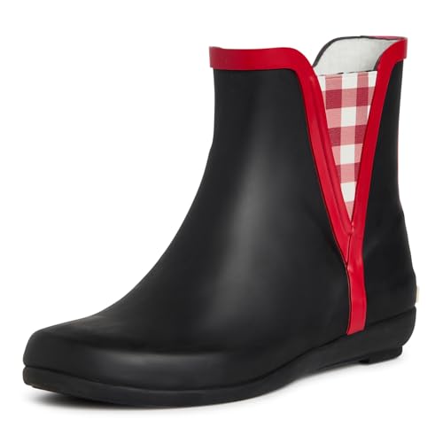 Laura Ashley Women's Snow and Rain Boots, Mid Cut Rubber Boots for Women - Waterproof Flat Heeled Ankle Boots, Gingham Black/Red