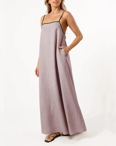 Image of Senllen Women's Linen Dress Summer Loose Flowy Sundress Contrast Spaghetti Strap Sleeveless Backless Beach Maxi Long Dresses