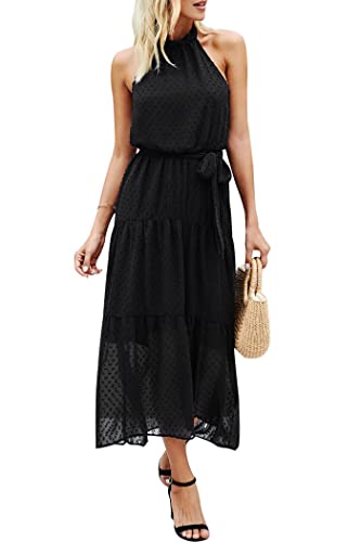 Image of PRETTYGARDEN Women's Halter Neck Floral Long Maxi Dress Casual Sleeveless Backless Dresses Loose Ruffle Sundress with Belt