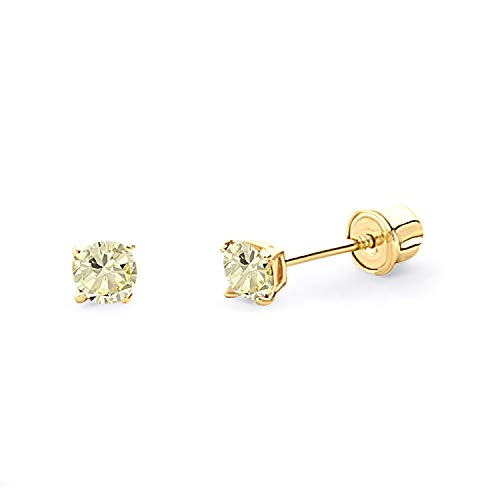 Wellingsale 14K Yellow Gold Polished 3mm Round Birth CZ Cubic Zirconia Stone Solitaire Basket Style Prong Set Stud Earrings With Screw Back - August