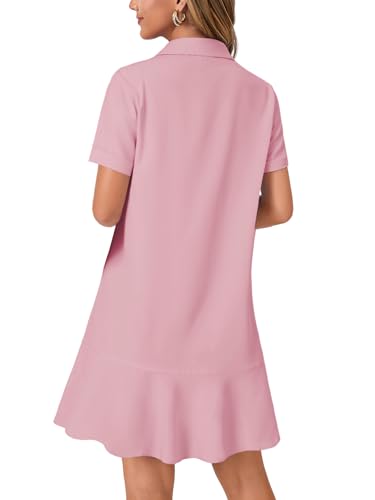 Image of OPOIPIN Women's Collared V Neck Stripe Short Sleeve Button UP Ruffle Hem Shirt Tunic Mini Dress