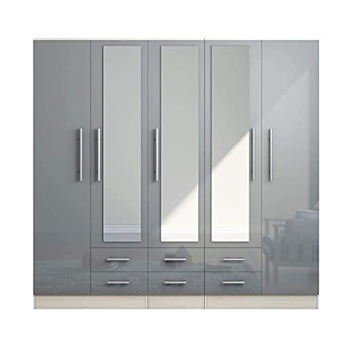 Unique Furnishings GREY High Gloss Large Wardrobe - 5 Door 6 Drawers & 3 Mirrors