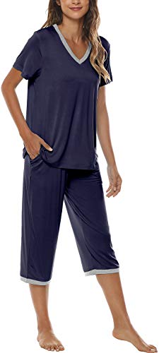 Image of JINSHI Women's Pajamas Set Short Sleeve Top and Capri Pants Lightweight Sleepwear Comfy Pjs Lounge Set with Pockets